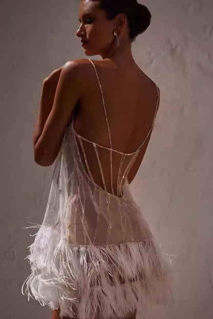 loveedsTM-Backless layered fringed mesh sequin slip dress