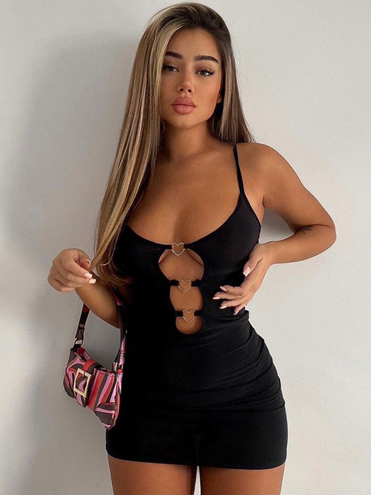 loveedsTM- Hollow Out Black Bodycon Woman Dress Camisole Heart Ring Decor Club Sexy Party Dress For Women Short Mini Dress