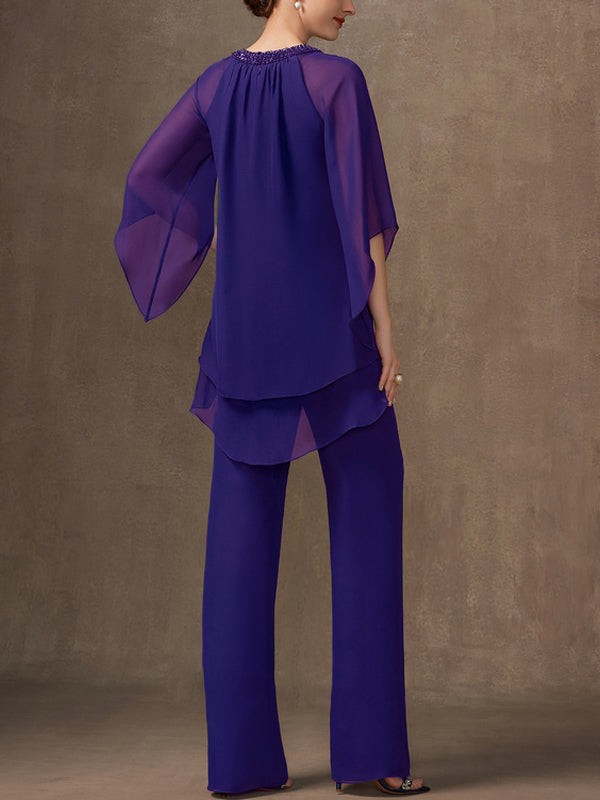 Chiffon Mother Sequin Top Trousers Suit