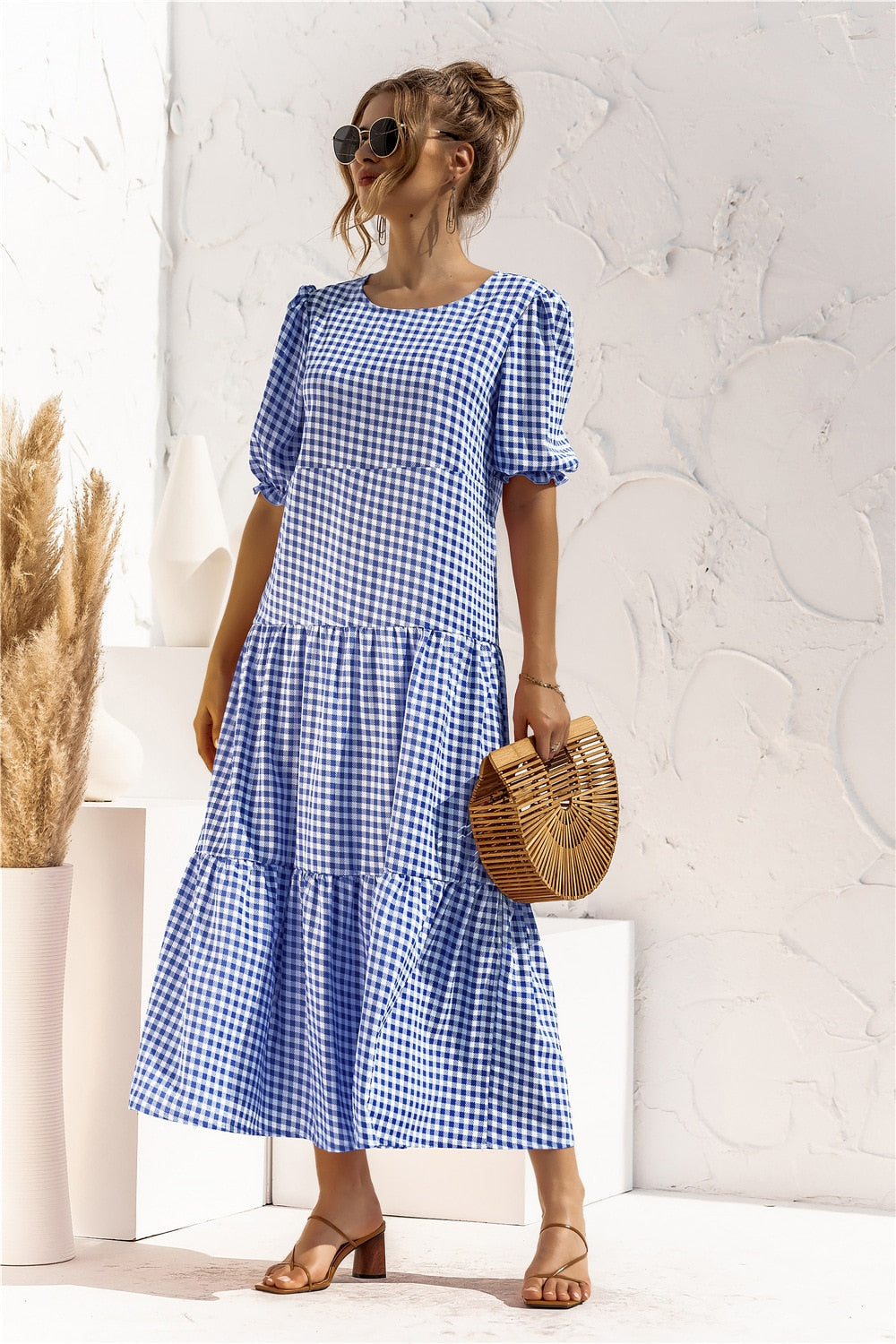 loveedsTM-Summer Polka Dot Plaid Print Robe Maxi Dress Women Elegant Puff Sleeve Casual Patchwork Loose Holiday Party Long Vestidos