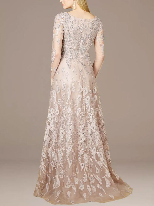 Embroidered Illusion Long Sleeve Ball Gown