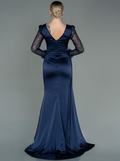 V-neck Long Sleeve Solid Color Maxi Dress