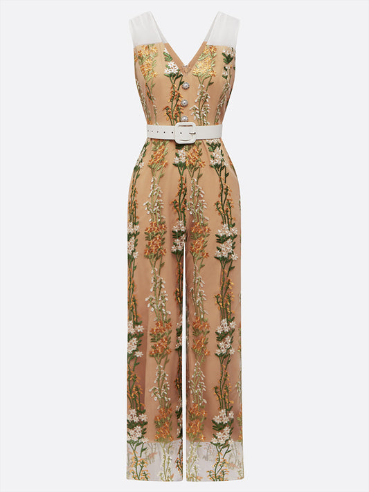 Morden Regular Fit Floral Embroidery Jumpsuit With Belt