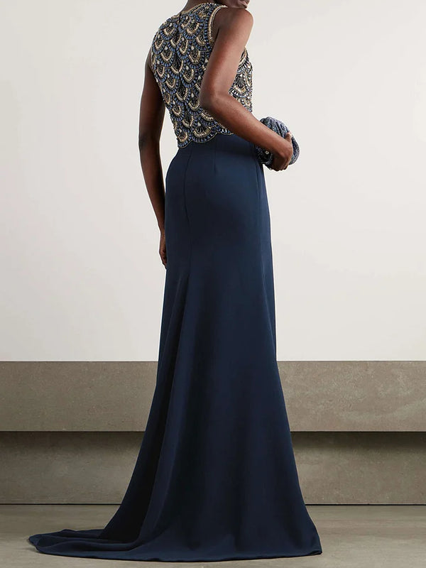 Crystal-Embellished Tulle Jacket and Crepe Gown Two-Piece Set