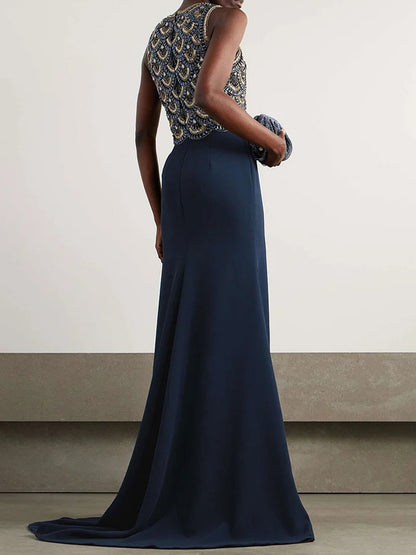 Crystal-Embellished Tulle Jacket and Crepe Gown Two-Piece Set