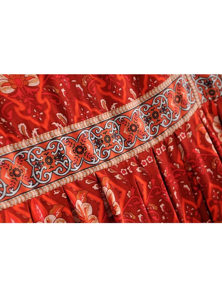 loveedsTM- Vintage Chic Fashion Women Red Floral Print O-neck Loose Bohemian Mini Dresses Ladies Batwing Sleeve Cotton Beach Boho Dress