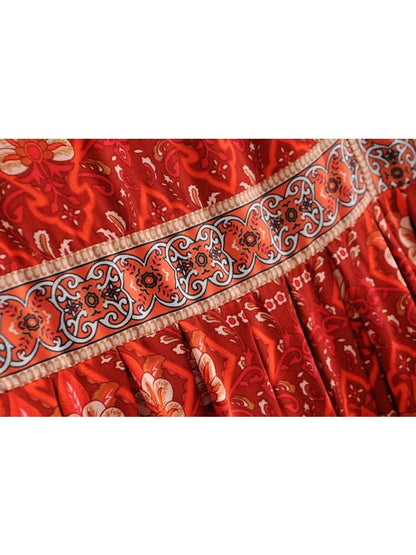 loveedsTM- Vintage Chic Fashion Women Red Floral Print O-neck Loose Bohemian Mini Dresses Ladies Batwing Sleeve Cotton Beach Boho Dress