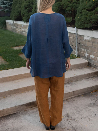 Large Pocket Pullover Cotton and Linen Women's Shirt