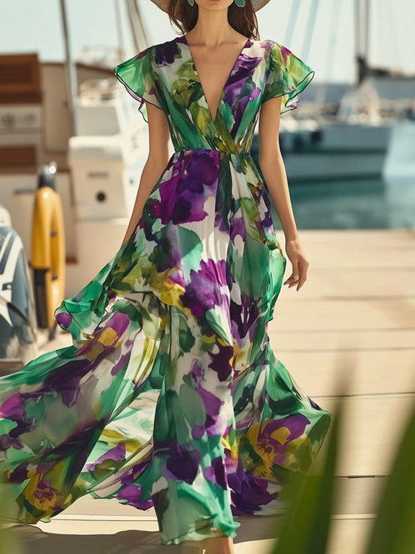 V-neck Holiday Chiffon Print Women's Dress