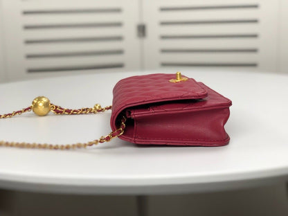 WALLET ON CHAIN Grained Shiny Calfskin & Gold-Tone Metal Dark Burgundy