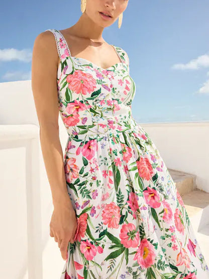 Ivory Floral Printed Cami Midi Dress