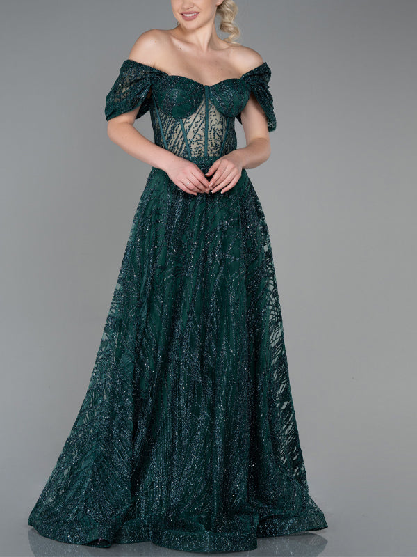 Off-the-shoulder Solid Sequins Maxi Dress