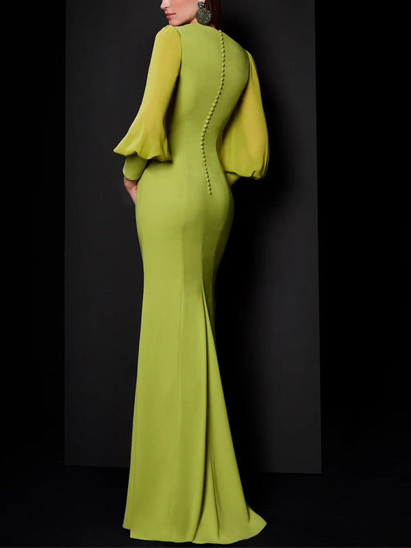 V-neck Solid Color Long Sleeves Maxi Dress