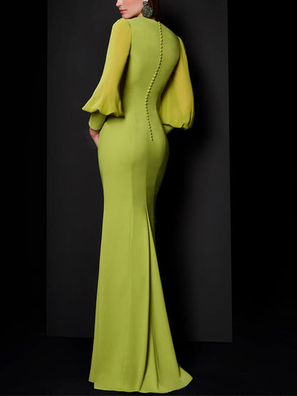 V-neck Solid Color Long Sleeves Maxi Dress