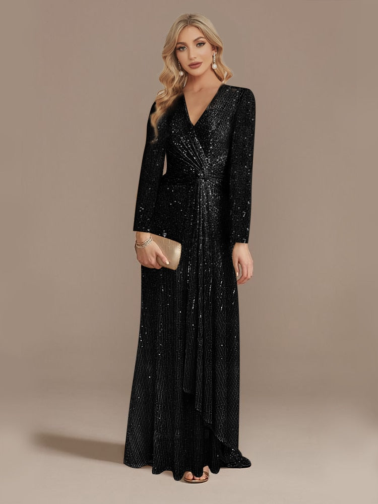 loveedsTM- Luxury Long Sleeve V-Neck Evening Dress Party Women Wedding Sequins For Female Guests Blue Prom Cocktail Dresses