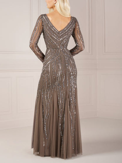 V-Neck Long Sleeves Sequin Solid Color Maxi Dress