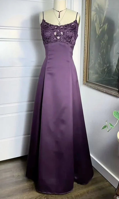 Purple Vintage Fashion Elegant Exquisite Beaded Long Spaghetti Strap Satin prom dress Evening Dress Party Dress gh3676