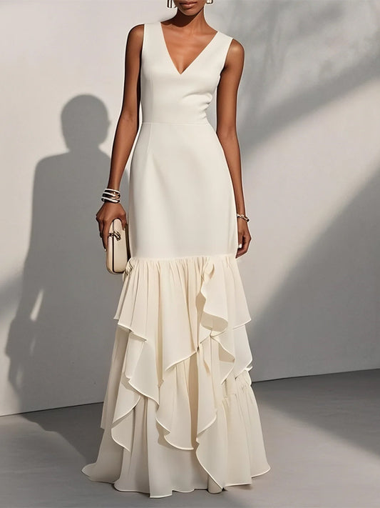 White Ruffled Classic V Neck Sleeveless Mermaid Maxi Dress