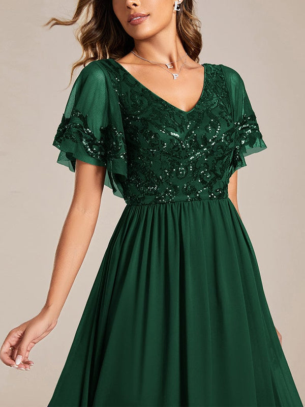 V-neck Lace Sequin Solid Color Maxi Dress