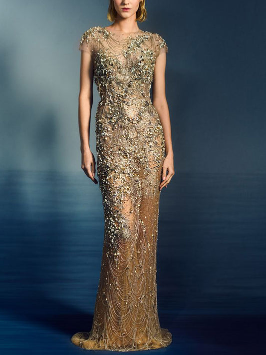 Round Neck Short Sleeve Mesh Sequins Maxi Dress