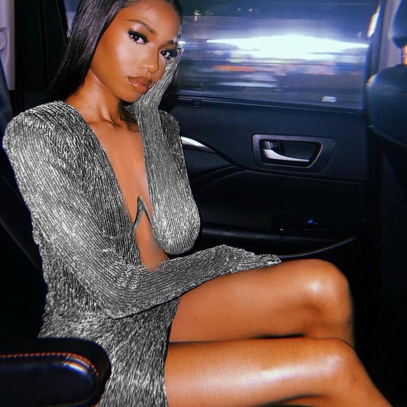 loveedsTM- Long Sleeve Party Dresses Mini Sexy Evening Night Dress Bodycon Glitter Dress V Neck Autumn Summer Dresses for Women