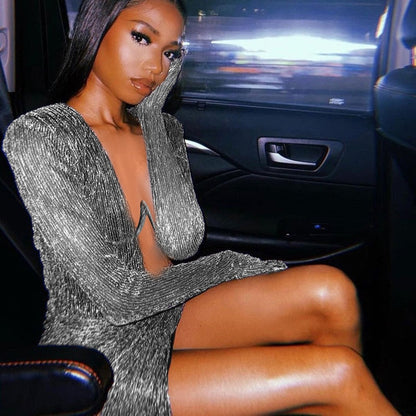 loveedsTM- Long Sleeve Party Dresses Mini Sexy Evening Night Dress Bodycon Glitter Dress V Neck Autumn Summer Dresses for Women