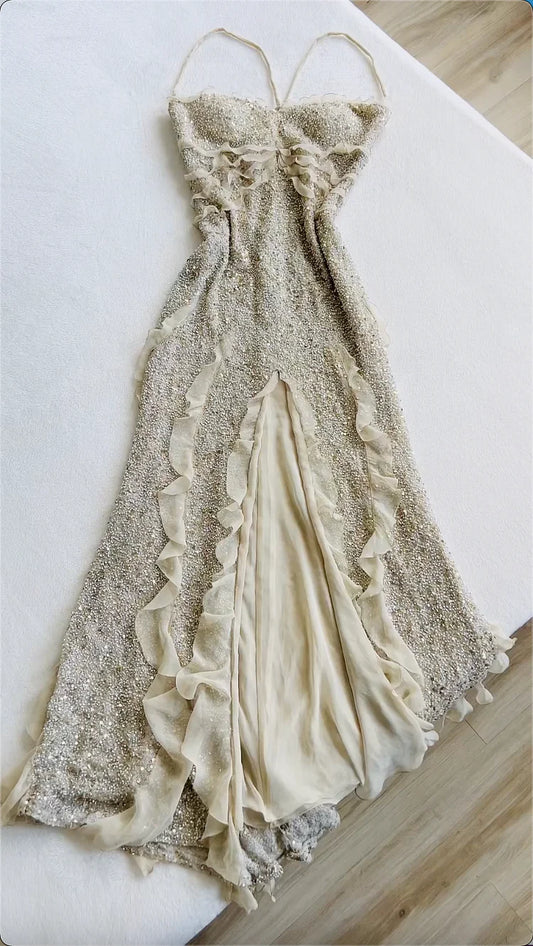 Ivory White Luxury Shiny Gorgeous Fashion Exquisite Beading Long Ankle Length Sequin Chiffon Ruffle Ball Gown Evening Dress Party Dress Prom Dress gh3776