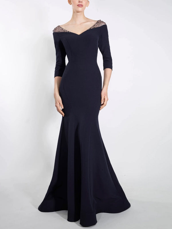 V-neck Solid Color Mesh Long Sleeves Maxi Dress