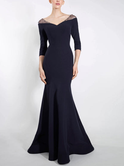 V-neck Solid Color Mesh Long Sleeves Maxi Dress