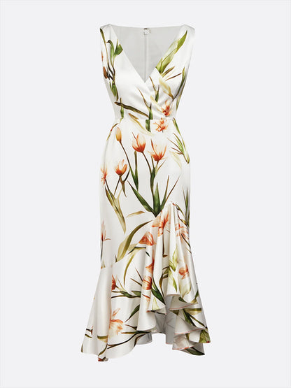 Off White Printing Asymmetric Satin V Neck Sleeveless Mermaid Midi Dress