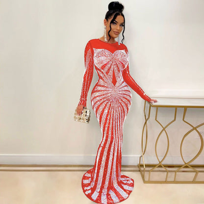 loveedsTM-Sexy Rhinestones Floor-length Evening Dresses Luxury Elegant Women's O-neck Long Sleeve See-through Mesh Night Club Long Dress