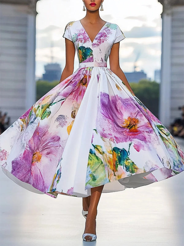 Elegant Floral Printing V Neck Maxi Party Dress