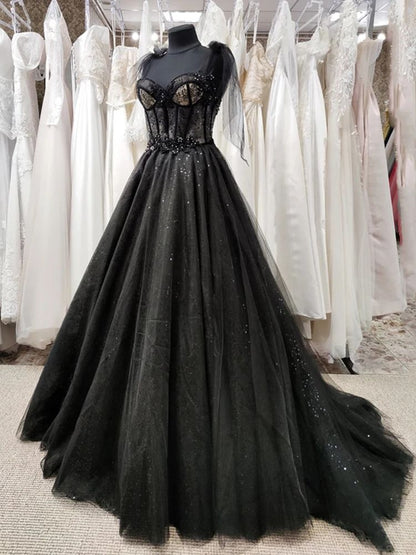 loveedsTM- Gothic Black Wedding Dresses Sexy Ball Gown Prom Dresses Glitter Sweetheart Party Dresses Vestidos De Fiesta