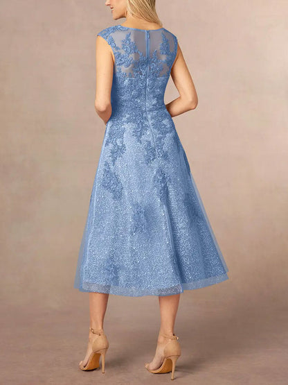 A-Line Boatneck Lace Tulle Tea-Length Dress