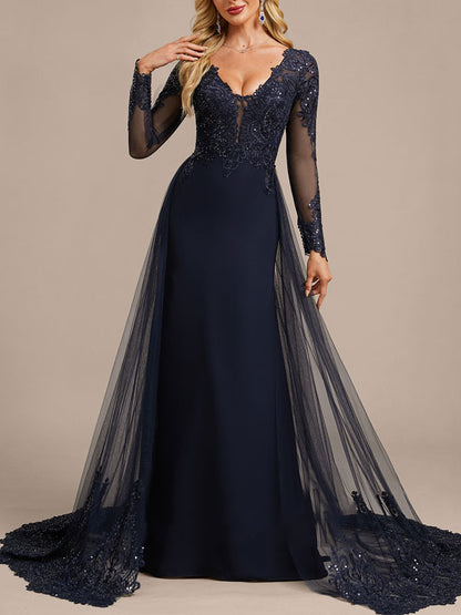 Detachable Lace Tulle Train Evening Dress