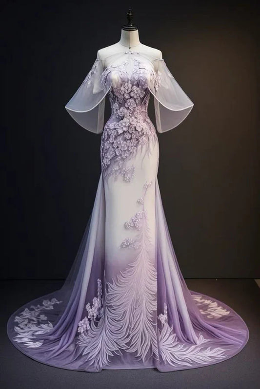 Purple Gorgeous Retro Fashion Elegant Floral Appliqué A-Line Long Tulle Floor-length Tail Evening Gown Prom Dress gh3698
