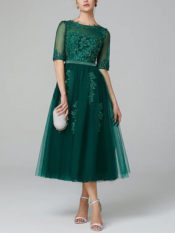 Round Neck Lace Solid Color Midi Dress