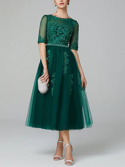 Round Neck Lace Solid Color Midi Dress