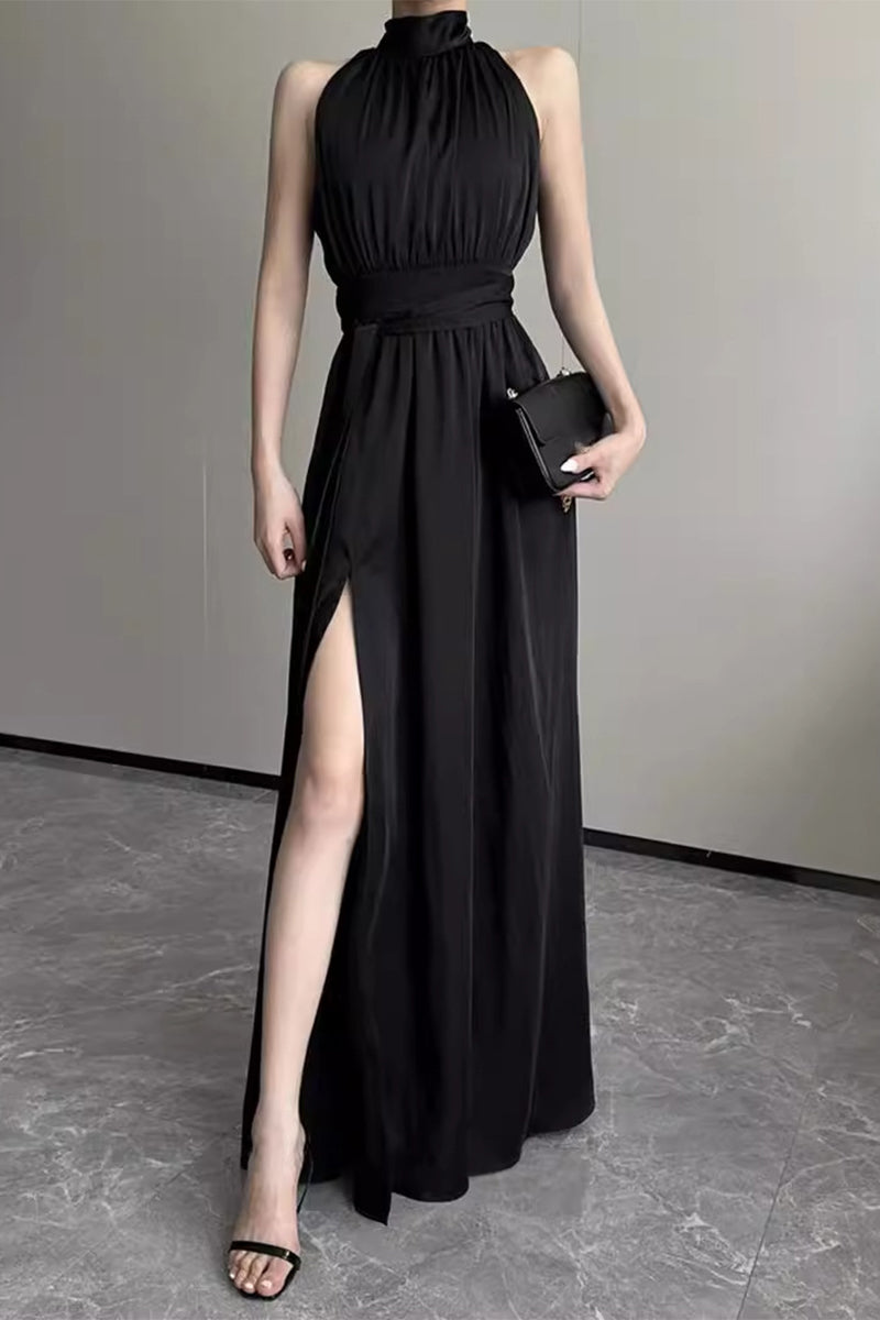 loveedsTM-Elegant Solid Slit Fold Halter Waist Skirt Dresses
