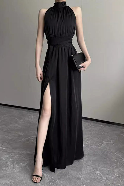 loveedsTM-Elegant Solid Slit Fold Halter Waist Skirt Dresses