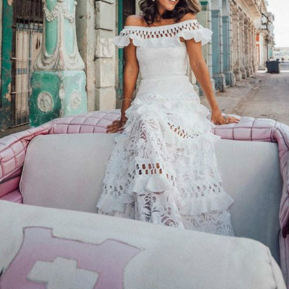 loveedsTM-Vintage Elegant Women's Long Dress White Lace Dress Off Shoulder Lotus Leaf Hollow Summer Retro Party Big Loose Swing Dresses