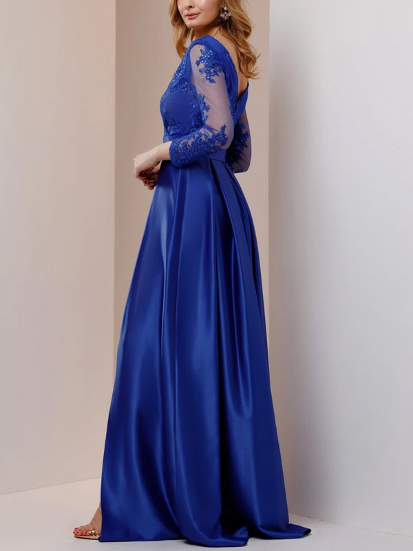 V-neck Lace Solid Color Maxi Dress