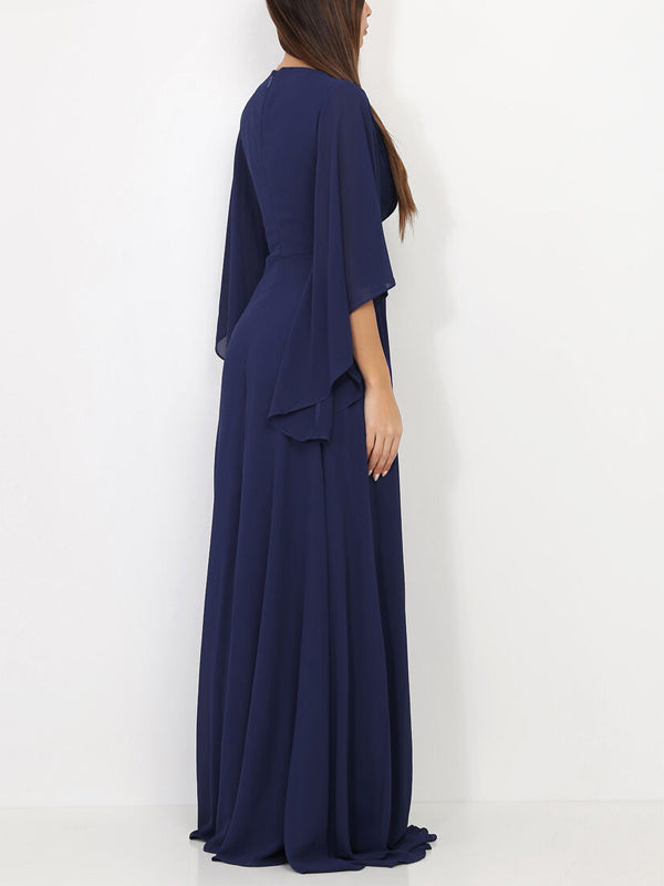 V-neck Solid Chiffon Maxi Dress