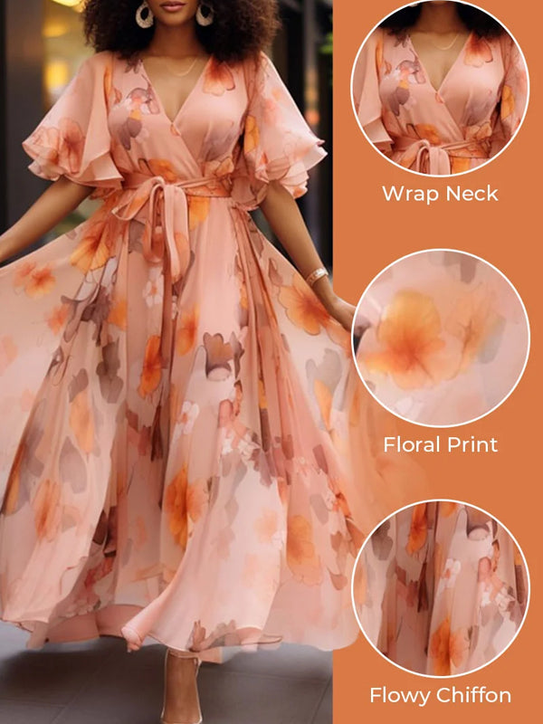 Vacation Elegant Peach Floral Wrap Neck Short Sleeve Chiffon Maxi Dresses