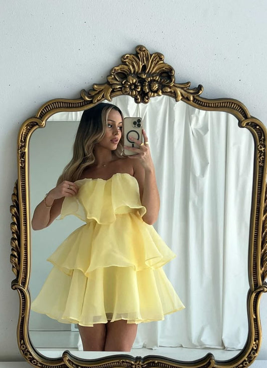 Cute A Line Strapless Yellow Tiered Organza Short Homecoming Birthday Dress Cocktail Dresses SH2903