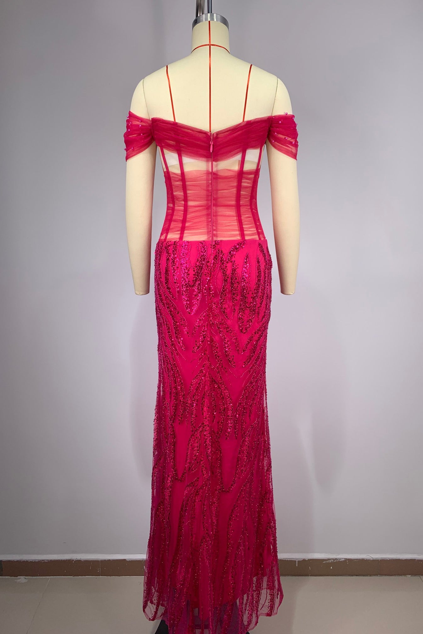 loveedsTM-Red mesh sequined super heavy dress-vx