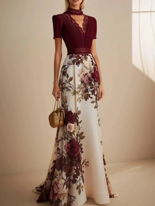 Wine Red Lace Floral Satin V Neck Short Sleeve A-Line Maxi Dress