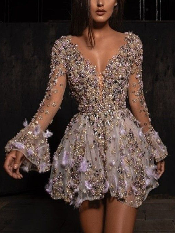 V-neck Sequined Long Sleeves Solid Color Gown