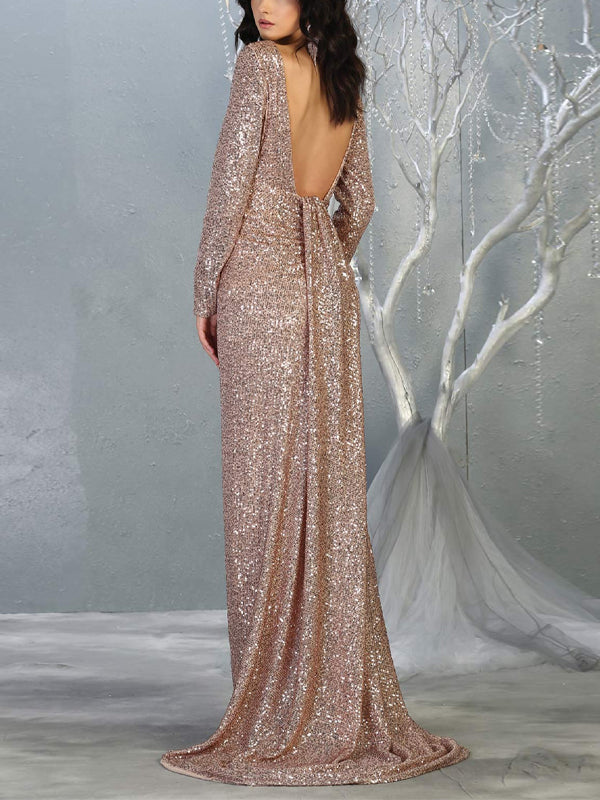 Round Neck Long Sleeve Sequin Solid Color Maxi Dress