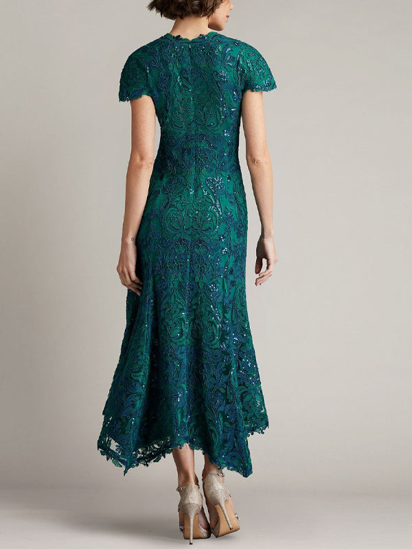 V-Neck Lace Short Sleeve Solid Color Midi Dress